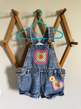 Little Lass Blue Denim Short Overalls with Colorful Crochet Accents
